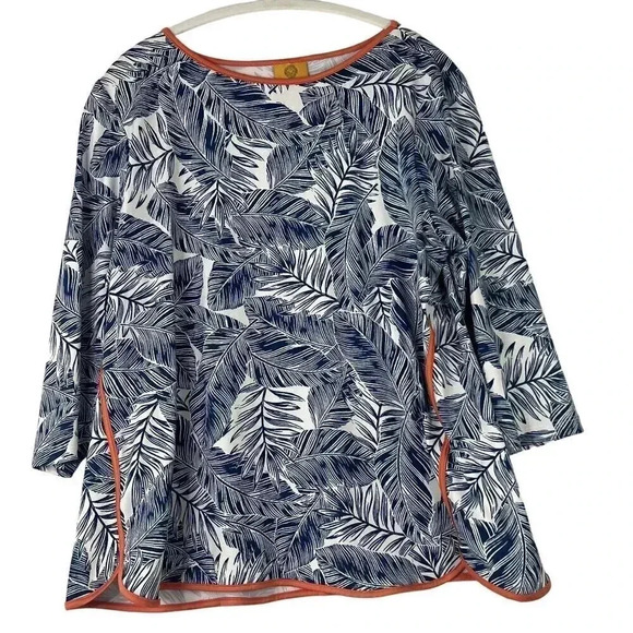 Women's Tunic Style Shirt Petite Large Blue Fern Print with Orange Accents Ruby - Picture 1 of 3